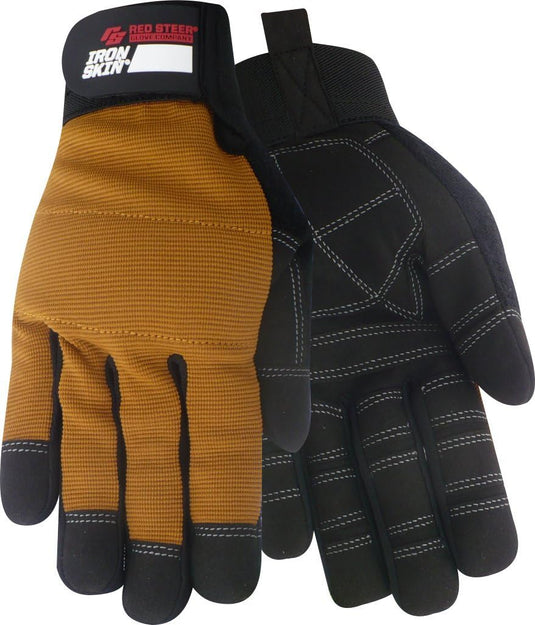 Red Ste141 Ironskin Tradesman Synthetic Leather Palm Mechanics Glove, Velcro Wrist Strap, Brown/Black, Sizes M-XL