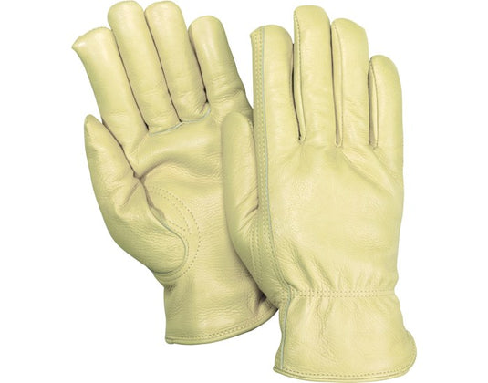 1555 TAN GRAIN COWHIDE DRIVER LEATHER PALM AND BACK, SHIRRED ELASTIC WRIST, SIZES S-XL