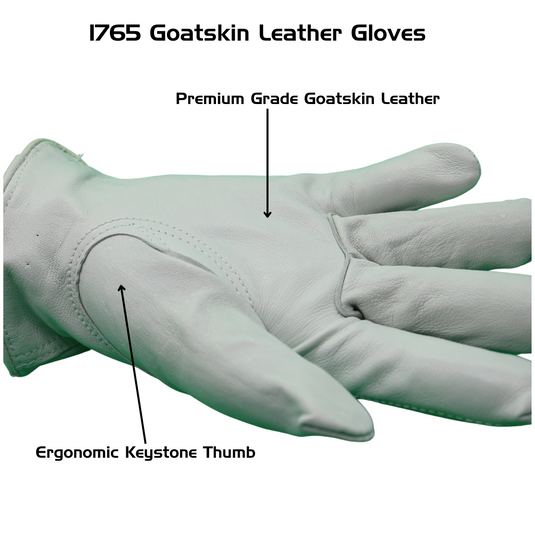 1765 Red Steer Premium Grade Goatskin Leather Gloves, Keystone Thumb, Shirred Elastic Wrist, Sizes XS-XL