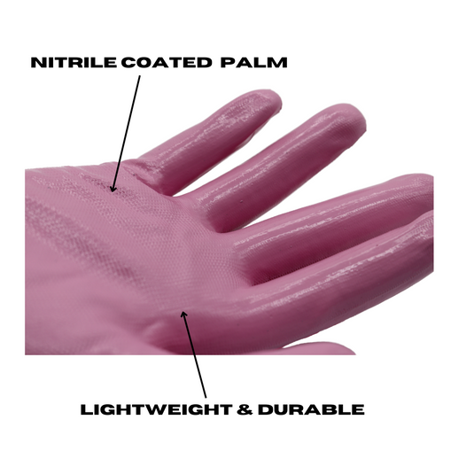A208 FLOWERTOUCH® Clear Nitrile Bubbles Pink and Purple, Light Nylon Knit Liner, Sizes S-L