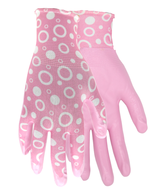 A208 FLOWERTOUCH® Clear Nitrile Bubbles Pink and Purple, Light Nylon Knit Liner, Sizes S-L