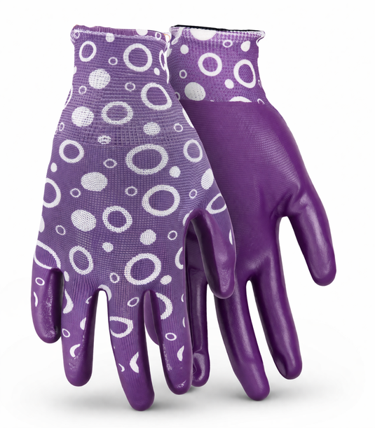 A208 FLOWERTOUCH® Clear Nitrile Bubbles Pink and Purple, Light Nylon Knit Liner, Sizes S-L