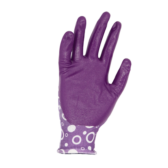 A208 FLOWERTOUCH® Clear Nitrile Bubbles Pink and Purple, Light Nylon Knit Liner, Sizes S-L