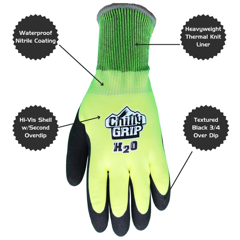 Load image into Gallery viewer, A324 Chilly Grip® H2O Waterproof Thermal-lined Black/Hi-Vis Gloves - Nitrile Over Dip Coating, Sizes M-XXL
